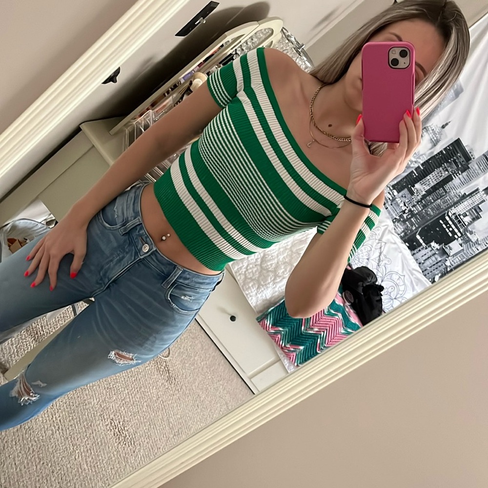 Green and White Crop Top